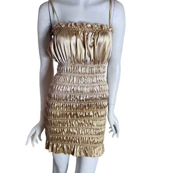Boutique Champagne Dress Sleeveless Satin Smocking Wiggle Dress - Picture 8 of 11